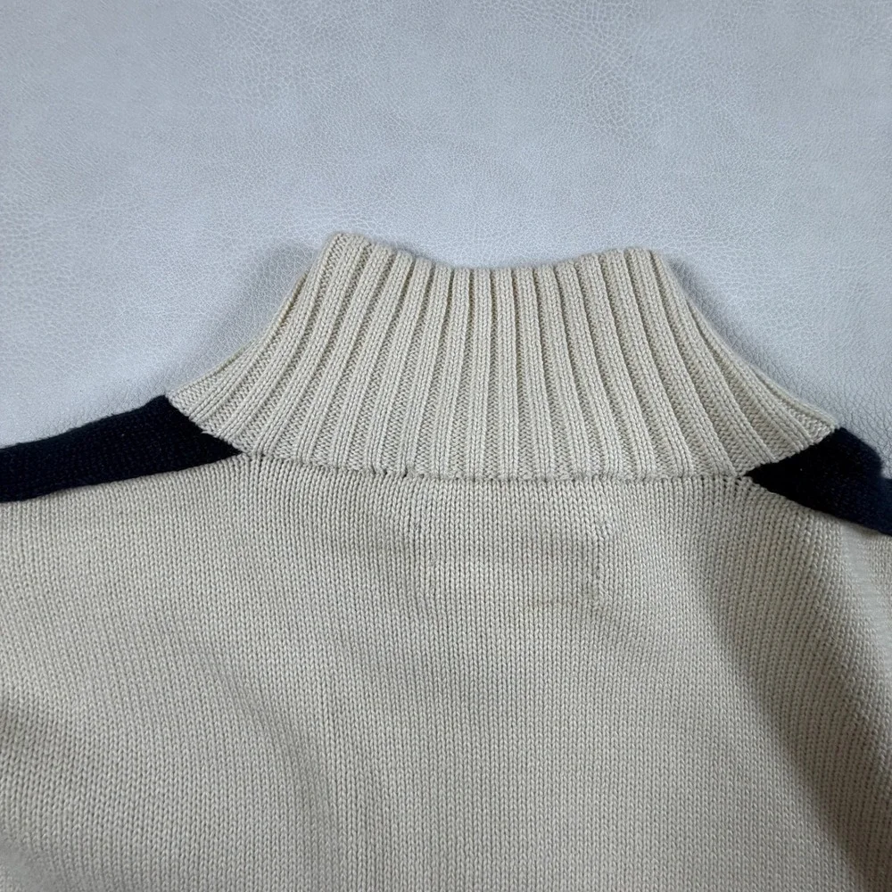 VTG Polo Ralph Lauren Navy Stripe Quarter Zip Pullover Mens Large Cream Sweater